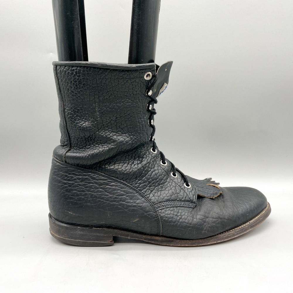 Justin Mens 11 D Lace Up Kiltie Work Boots Black Pebbled Leather VTG Rugged